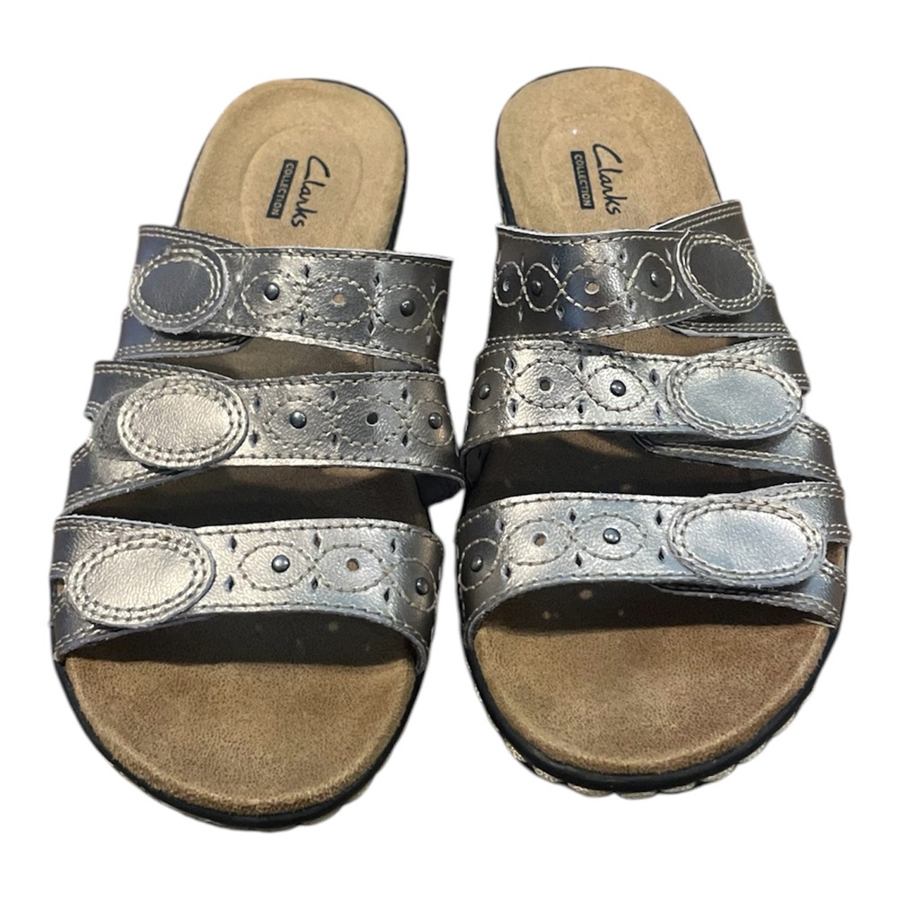 Clarks Collection Brinkley Flora Metallic Pewter Slide Sandals Womens 6 M